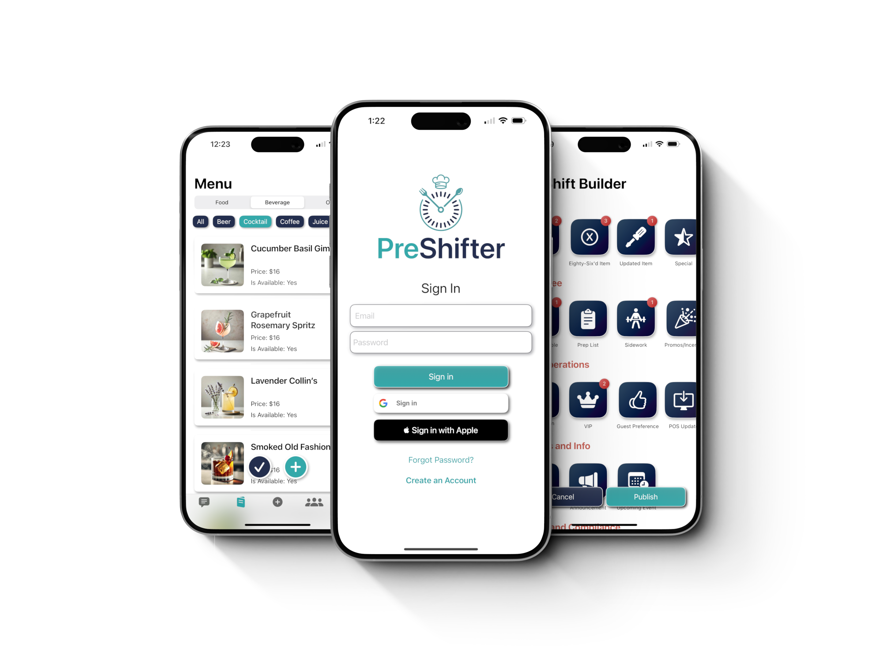 PreShifter on iPhone — live menu, sign-in, and the PreShift Builder